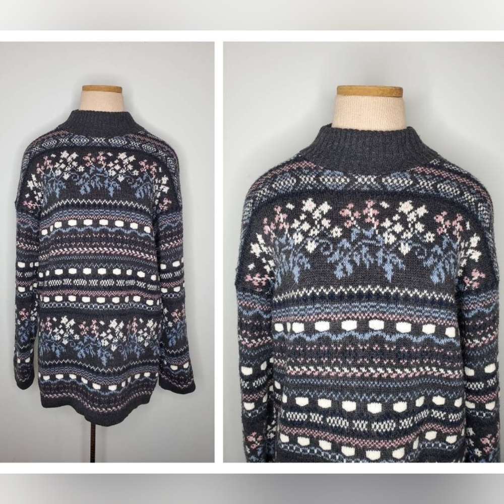 Vintage 90s Fair Isle Floral Gray Pastel Mockneck Long Oversized Sweater
